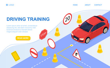 Driving school concept and training. Driving by the rules. Study of road signs and car. Perfect for landing page, banner, header or mobile application. All objects are grouped. 3D Isometric Vector