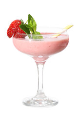 Glass of tasty strawberry smoothie on white background
