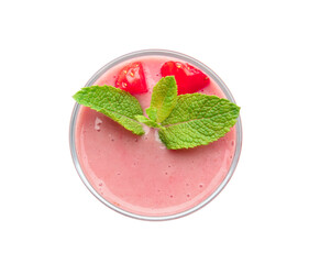 Glass of tasty strawberry smoothie on white background