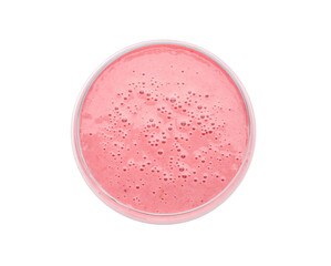 Glass of tasty strawberry smoothie on white background