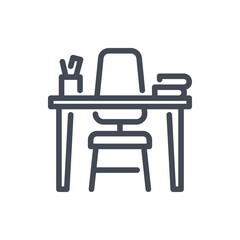 Work Place line icon. Chair and Table with Books and Can with pens vector outline sign.