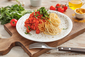 Plate with tasty pasta bolognese on table