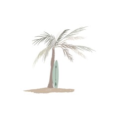 Hand drawn vector illustration of palm tree with surfer board. Neutral colors. Pencil texture