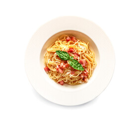 Plate with tasty pasta carbonara on white background