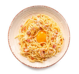 Plate with tasty pasta carbonara on white background