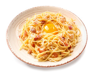 Plate with tasty pasta carbonara on white background