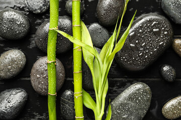 Obraz na płótnie Canvas Spa stones and bamboo on dark wooden background