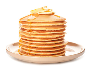 Tasty pancakes with honey and butter on white background