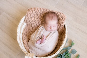 Cute little baby  lies in a wicker basket decorated with greens and lemons in a beige knitted blanket. Summer mood. Happy healthy childhood