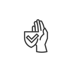 Clean hand protection line icon. linear style sign for mobile concept and web design. Hand and Shield with checkmark outline vector icon. Symbol, logo illustration. Vector graphics