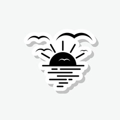 Sunset at sea and bird flying in sky sticker isolated on gray background