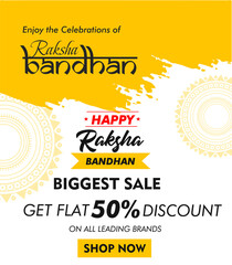 Raksha Bandhan Biggest Sale banner or poster design, get flat 50% discount offer with Happy Raksha Bandhan text, gift boxes and rakhi illustration.