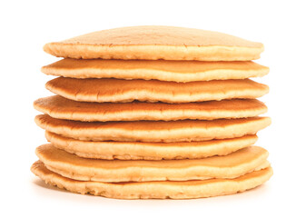 Tasty pancakes on white background