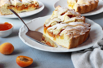 Slice of homemade apricot pie on a plate close up