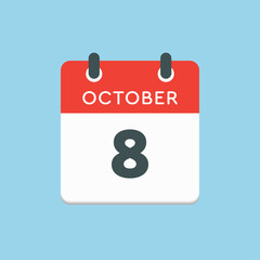 Calendar icon day 8 October, template icon date