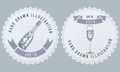 Monochrome labels design with illustration of champagne, glass of champagne