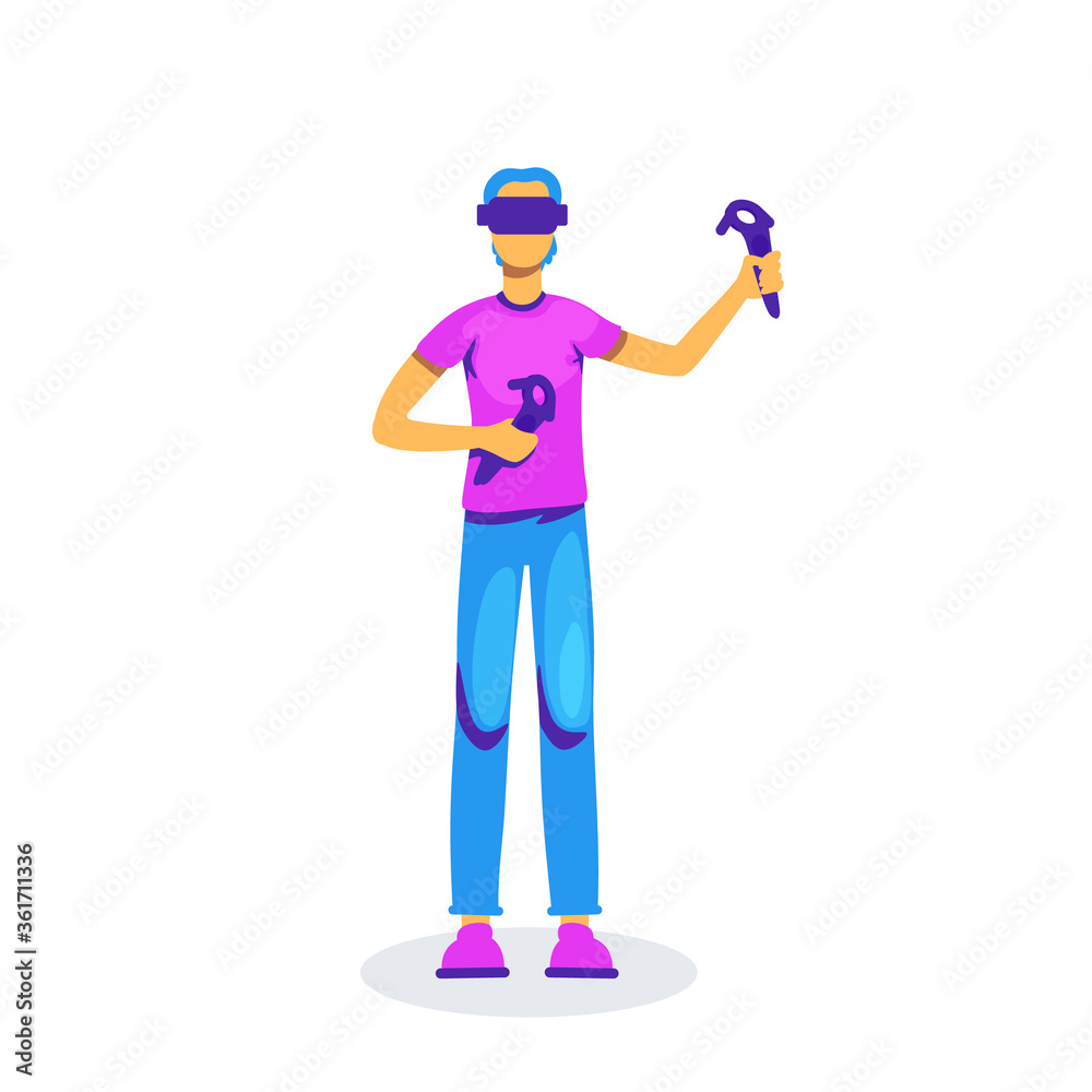 Poster man with vr controllers flat color vector faceless character
