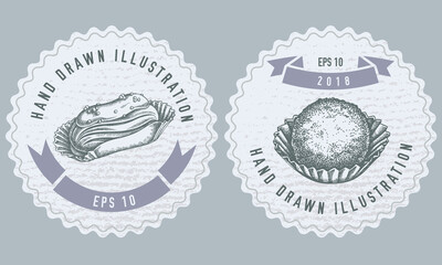 Monochrome labels design with illustration of eclair, truffle