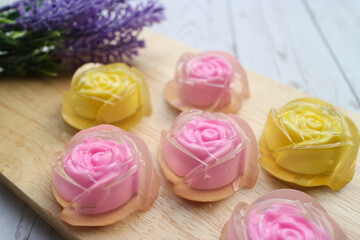 Glass jelly, clear gelatin dessert - coconut agar jelly in roses shape.