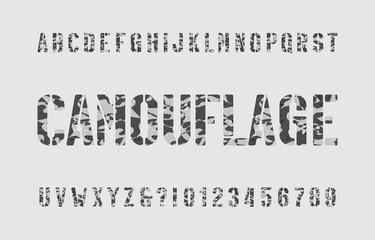 Camouflage alphabet font. Stencil camo letters and numbers in one color. Vector typescript for your design.