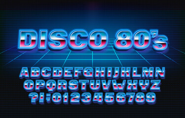 Disco 80s alphabet font. Glowing 3D letters and numbers in 80s style. Stock vector typeface for your typography design.