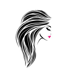Beauty salon and hair studio logo.Beautiful woman portrait with long, wavy hairstyle and elegant makeup.Cosmetics and spa icon.Profile view.Long eyelashes and red lipstick..