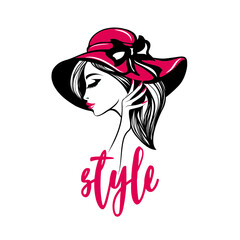 Beauty salon, nails art and hair studio logo.Beautiful woman portrait with long, wavy hairstyle, elegant makeup and manicure.Fashion icon.Long eyelashes and red lipstick.Stylish sun hat.