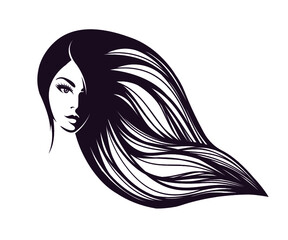 Beauty salon and hair studio logo.Beautiful woman portrait with long, wavy hairstyle and elegant makeup.Cosmetics and spa icon.Front view.Long eyelashes.