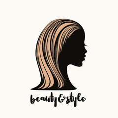 Beauty salon and hair studio logo.Beautiful woman portrait with long, wavy hairstyle.Afro-American face silhouette.Cosmetics and spa icon.Profile view.Long eyelashes.