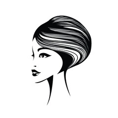 Beauty salon and hair studio logo.Beautiful woman portrait with elegant hairstyle and makeup.Short haircut.Smiling face.Cosmetics and spa icon.