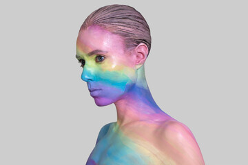 Portrait of a young woman with rainbow makeup on light gray background. Creative body art with...