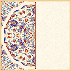 Template greeting card, invitation and advertising banner, brochure with floral hand drawn Mandala. Round colorful floral ornament with turkish motif. Traditional Oriental pattern. Vector illustration © psk55