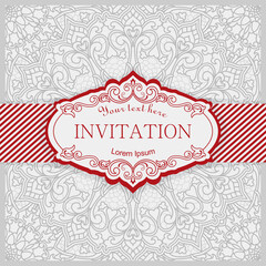 Template greeting card, invitation and advertising banner, brochure with space for text. Vintage Invitation or wedding card with damask pattern and elegant floral elements in grey