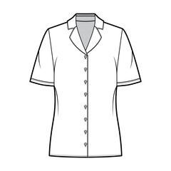 Pajama style blouse technical fashion illustration with notched lapel collar, short sleeves, loose fit body. Flat apparel template front, white color. Women, men unisex CAD garment designer mockup