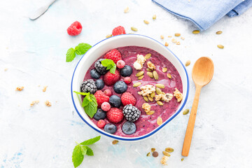 Healthy Breakfast, Berry Fruit Bowl. Top View. Copy Space