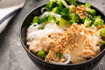 Healthy Ramen Soup Served in Bowl. Diet and Balanced Food. Clean Eating Recipe