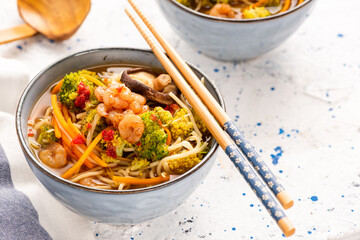 Bowl with Noodles, Prawns and Vegetables. Healthy Diet Soup in Bowl