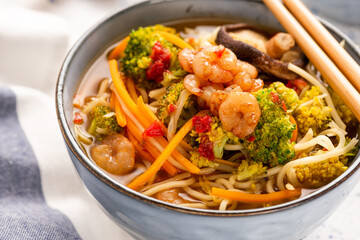 Bowl with Noodles, Prawns and Vegetables. Healthy Diet Soup in Bowl