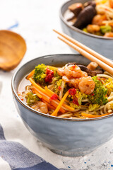 Bowl with Noodles, Prawns and Vegetables. Healthy Diet Soup in Bowl