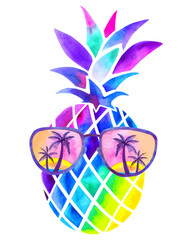 Watercolor summer pineapple in glasses. Illustration isolated on white. t-shirt print