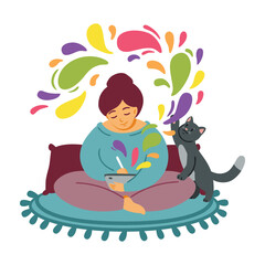 Girl draws on a tablet. The cat plays on the carpet. Woman cozily spends time at favourite job. Freelancer designer, work from home. Computer or digital art. Get creative. Flat vector illustration.