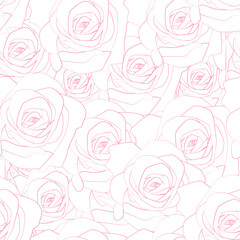 Pink outlined roses seamless repetitive pattern. Vector illustration.