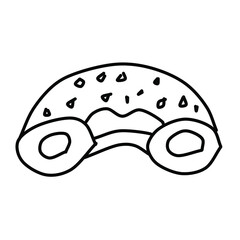 sketch of Donut with a mouth bite. Vector illustration in the Doodle style. Linear drawing of a delicious doughnut isolated on a white background.