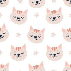 Cute seamless pattern with sleeping cats heads and stars. Hand drawn background with animal for children.