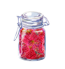 Jam with raspberry. Water color food illustration