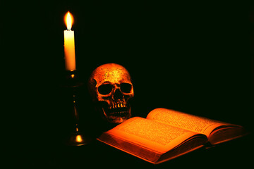 Ein Buch und Schädel im Licht einer Kerze