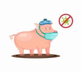 Pig sick got fever and flu wear mask and cool compress symbo. bacteria virus infected on animal pig in cartoon illustration vector