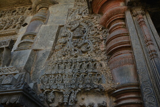 Sculptures and friezes on the walls of The Chennakeshava Temple or Vijayanarayana Temple of Belur, is a 12th-century Hindu temple in the Hassan district of Karnataka state, India. 
