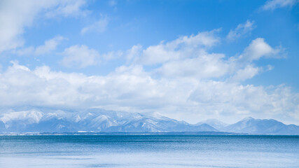 lake inawashiro landscape with blue sky