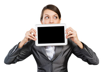 Businesswoman with tablet computer looking away